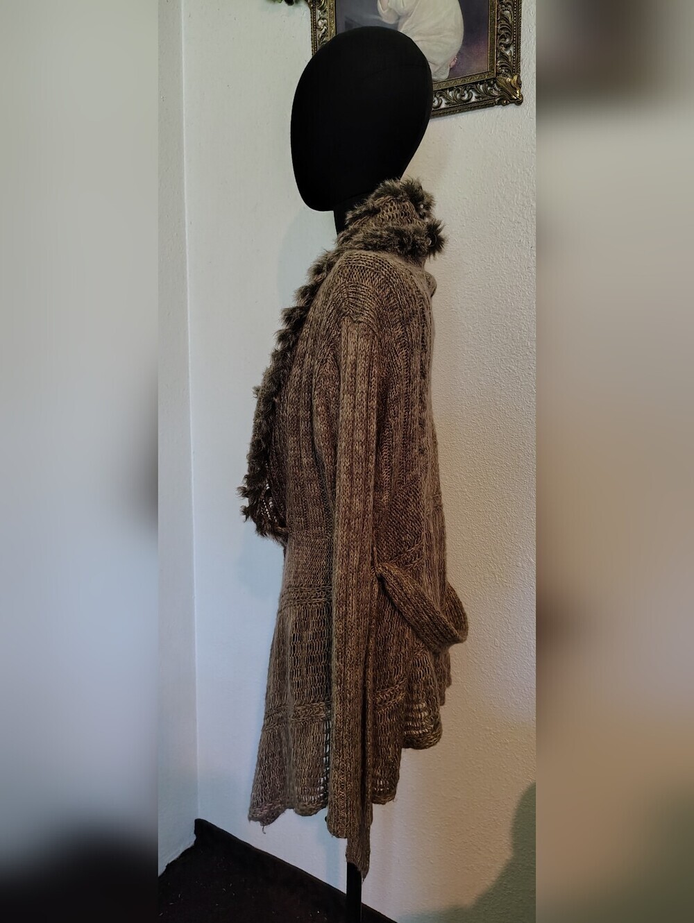 RXB Brown Wool Blend Faux-Fur Trim Belted Boho Cardigan Sweater Women Teen Large - Picture 5 of 13